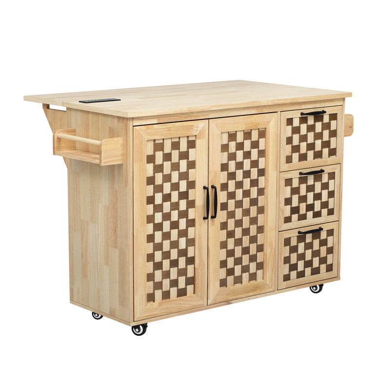 53.2"W 3D Woven Checkerboard Pattern Design Kitchen Island With Drop Leaf, Rolling Kitchen Island On Wheels With Internal Storage Rack, Power Outlet, Kitchen Cart With 3 Drawers 2 Cabinets, Nature