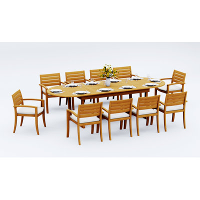 8 Seats 9 Pcs Grade-A Teak Wood Dining Set: 118" Double Extension Mas Oval Trestle Leg Table And 8 Travota Stacking Arm Chairs #11TV2708