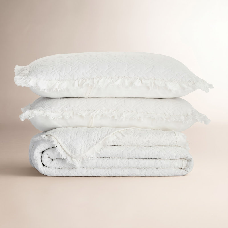 Ensemble de courtepointe en coton standard Marcine, Courtepointe double / grand et 2 taies décoratives, Blanc