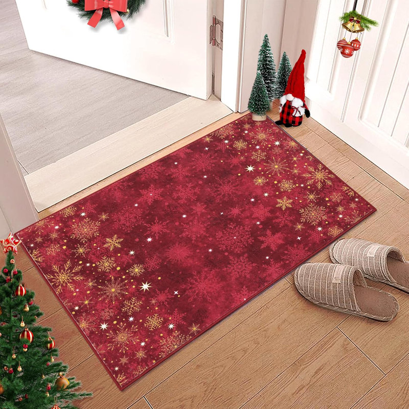 Red Christmas Rug with Snowflake Pattern – Non Slip Low Pile Hallway and Kitchen Floor Carpet, Festive Holiday Decor