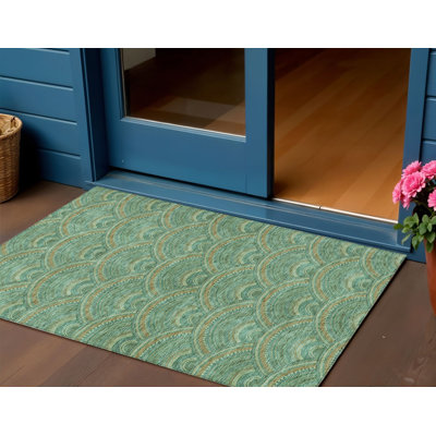 Tapis intérieur / extérieur 3 pi x 5 pi vert fougère et pêche géométrique lavable