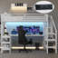 Lit mezzanine en métal avec armoire, bureau en L, port USB et éclairage DEL-1390572396