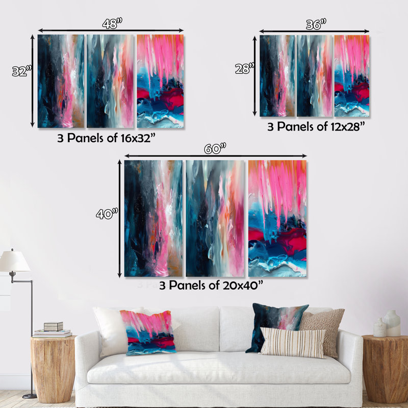 Oasis en bleu et rose II - ensemble de 3 impressions sur toile abstraites, H 40 po x l 60 po x P 1 po