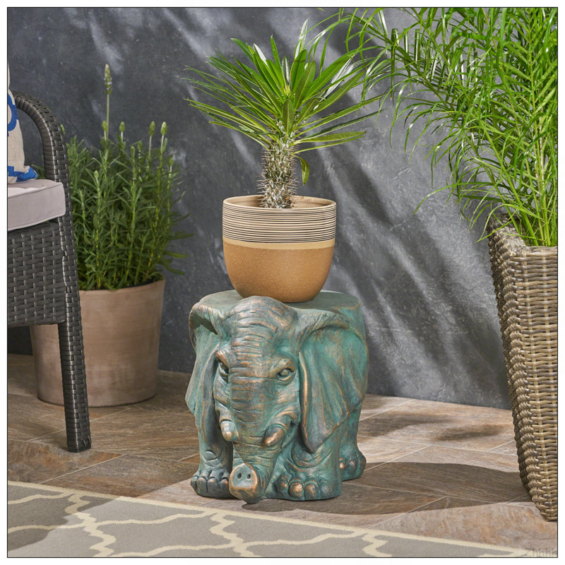 Tabouret de jardin éléphant, patine cuivre