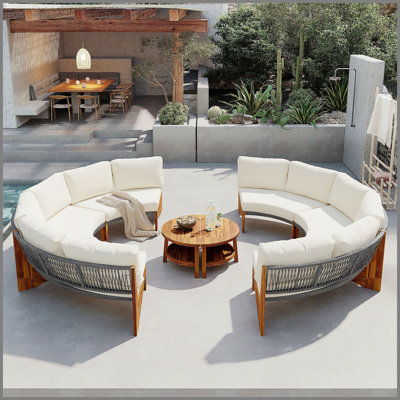 Ensemble de canapé d'extérieur 3 pièces pour 6, 2 canapés demi-cercles + table basse en bois d'acacia, ensemble de canapé de patio résistant aux intempéries, mobilier de jardin et de cour confortable
