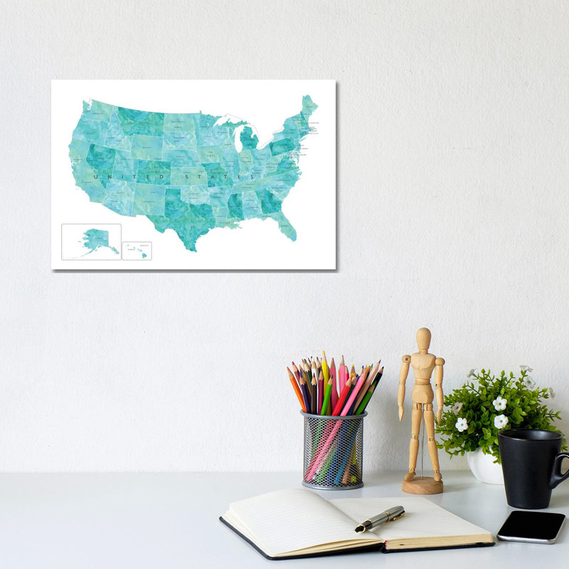 Aquamarine Watercolor Map Of The Usa With States And State Capitals by Blursbyai - Gallery-Wrapped Canvas Giclée on Canvas