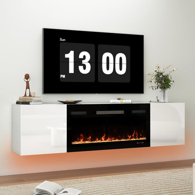 80" Tall Floating TV Stand with 40" Electric Fireplace, Wall Mount LED Console with Storage, White