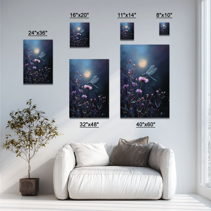 Libellule bleue sur fleurs roses au clair de lune - Art mural sur toile - salon, chambre à coucher ou bureau, 16"W x 20"H