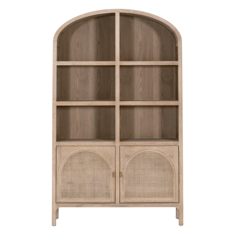 Smoke Gray Oak and Cane Arched Storage Bookcase with Doors