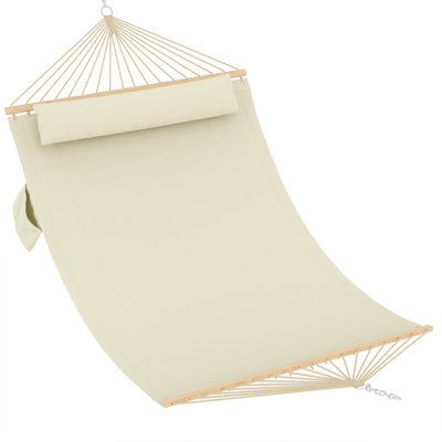 Double Quilted Hammock for 2 Adults - 350cm, Hardwood Bars, Detachable Pillow - 450 lb Capacity, Weather-Resistant, Freestanding, Beige