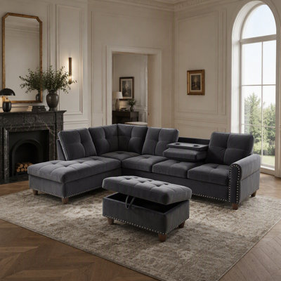 Canapé modulaire en L 69 po x L 69,5 po x L 97,5 po avec repose-pieds et porte-gobelets de rangement (méridienne gauche) 69,5 po x 97,5 po
