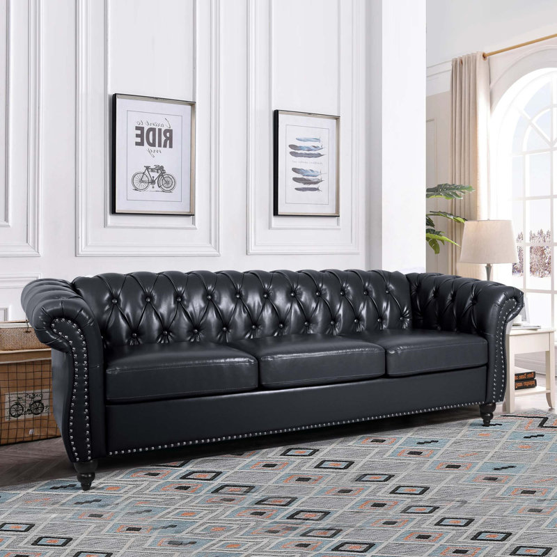 Deaneen 83.85'' Faux Leather Sofa, Black Faux Leather