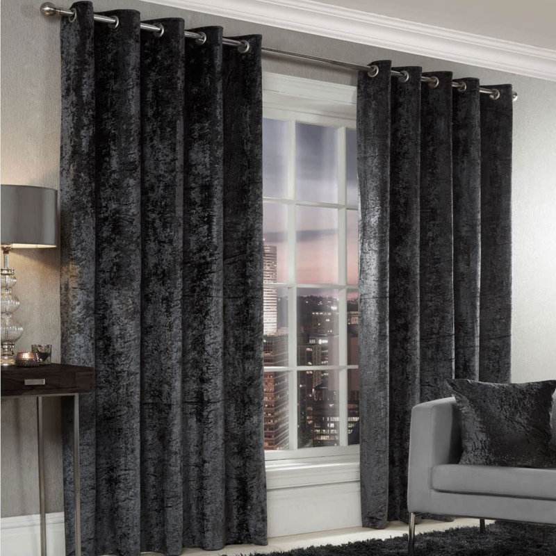 Eleanora Crushed Velvet Eyelet Panels, Width 229 x Drop 229 cm, Charcoal