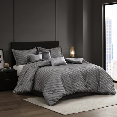 Grand édredon gris 7 pièces - Motif diagonal moderne et élégant, accessoires assortis, design