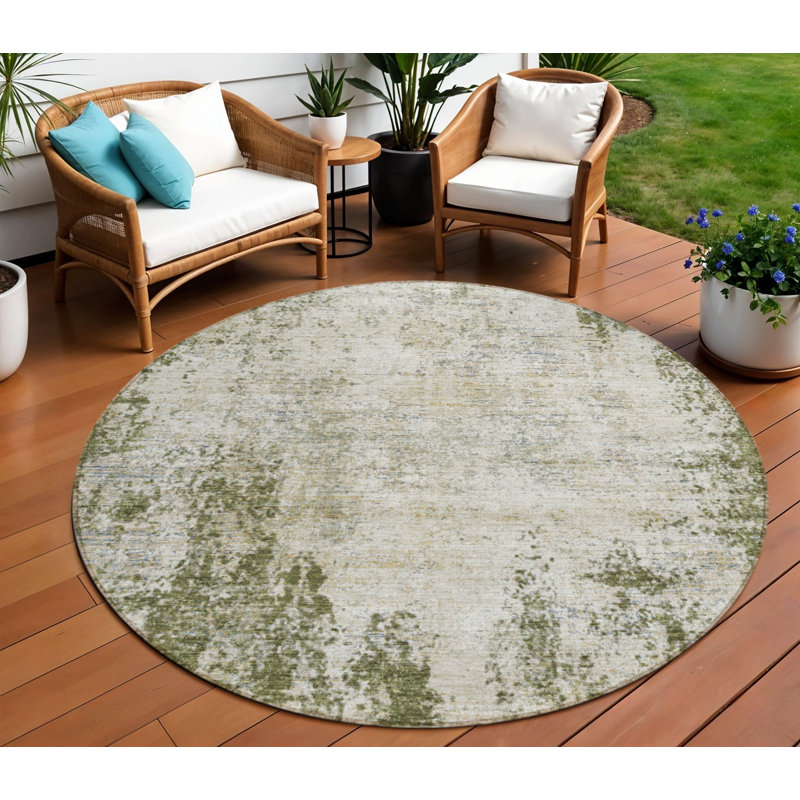 Tapis extérieur rond lavable abstrait vert olive et ivoire 8 pi