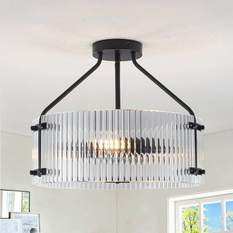 Plafonnier semi-encastré 3 lumières en verre nervuré moderne, Matte Black