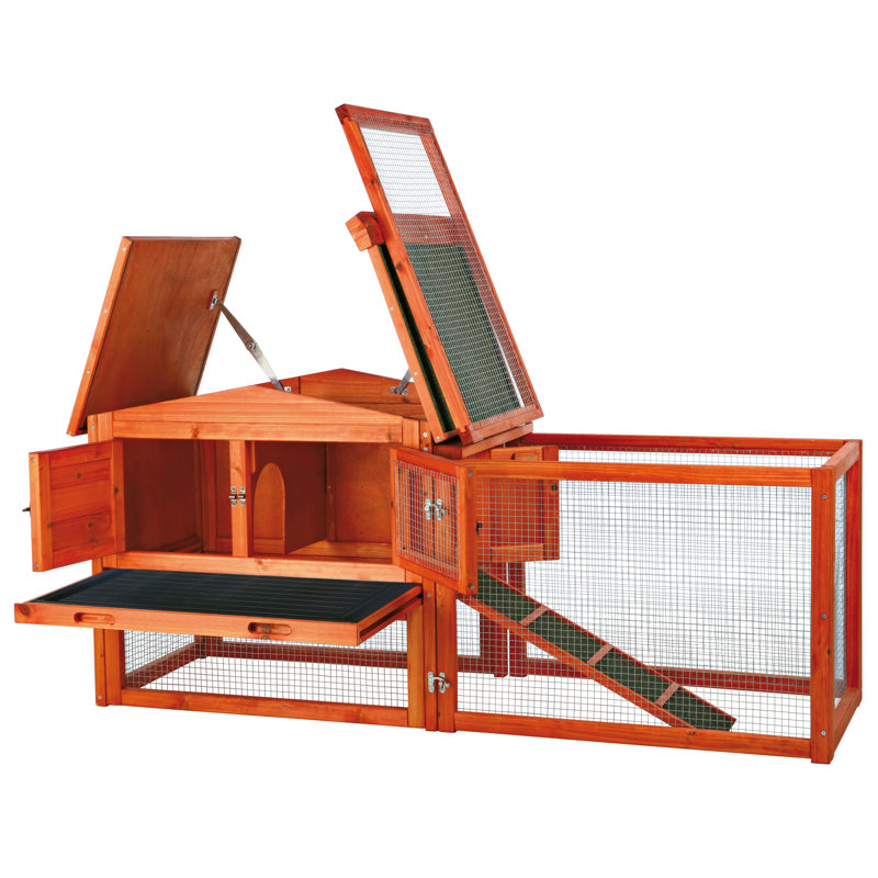 Brown Glazed Pine 2-Story Rabbit Hutch with Outdoor Run