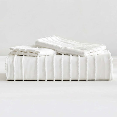 White Boho Queen Duvet Cover Set, 3 Piece Striped Textured Tufted Microfiber Bedding With Zipper