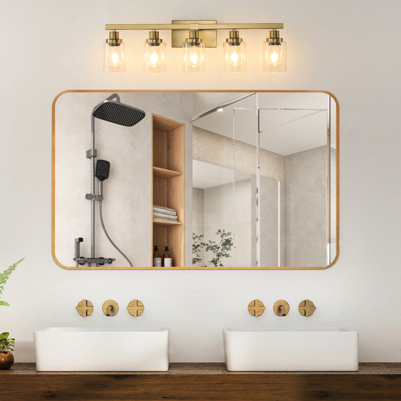 5 - Meuble-lavabo doré avec verre transparent, applique murale moderne en métal et miroir en fer, adaptée au charme de la salle de bain et de la coiffeuse, ampoule E26 compatible sans ampoule, superbe look élégant, compatible
