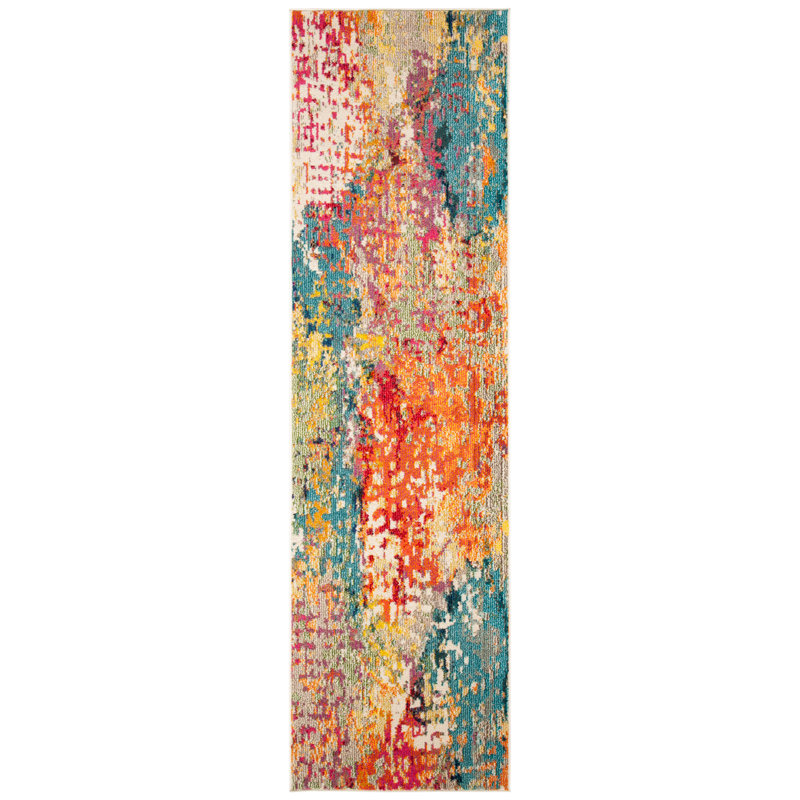 Tapis ivoire / multicolore à motif abstrait Felty, Tapis de couloir 2 pi 2 po x 14 pi