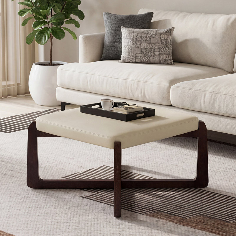 24" Wide Faux Leather Upholstered Square Ottoman, White