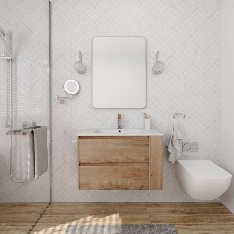 Meuble-lavabo mural 30 po avec lavabo en gel, tiroir à fermeture en douceur, Naturel