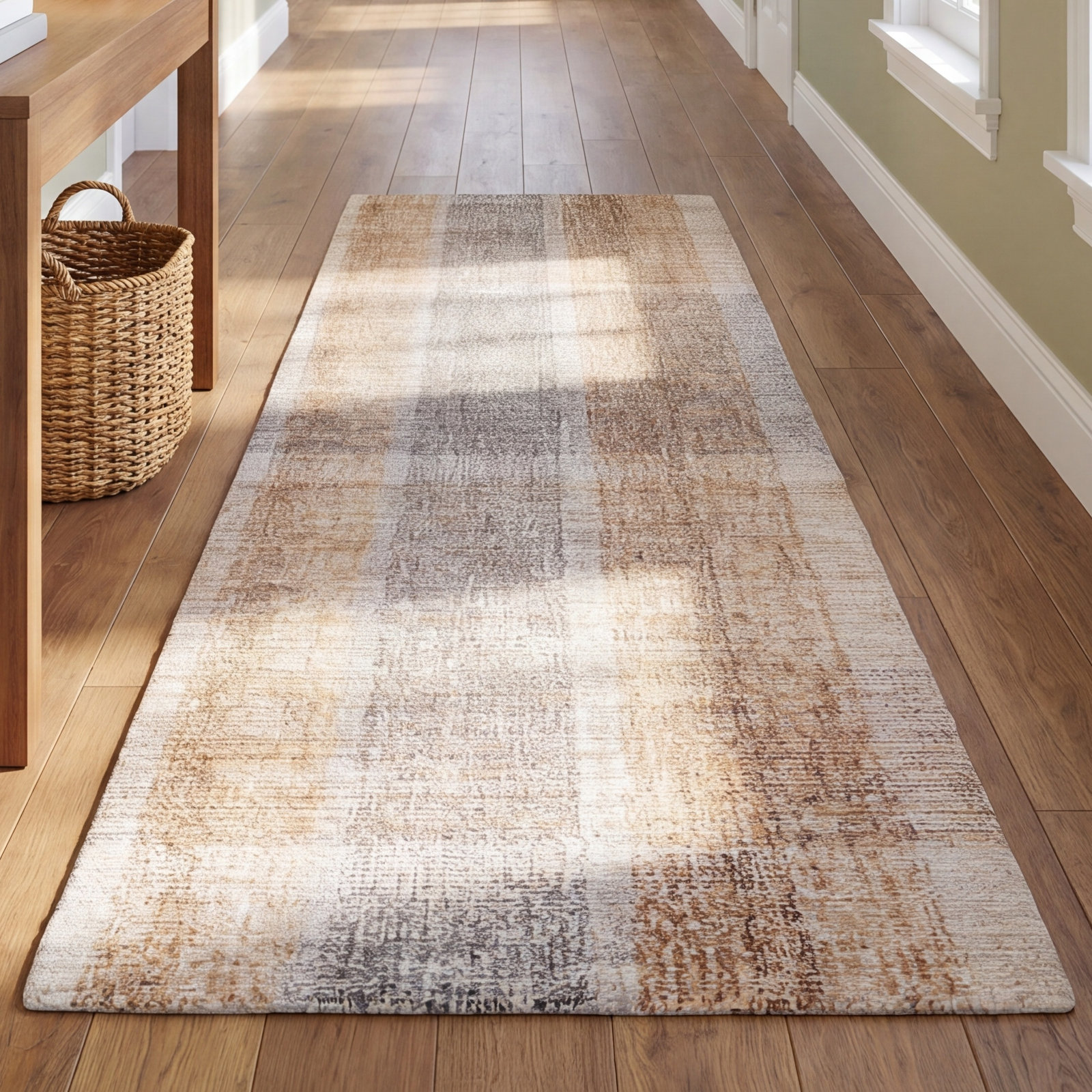 Light Brown Blue Hand-Tufted Geometric Wool Rug, Runner 2'3" x 8'