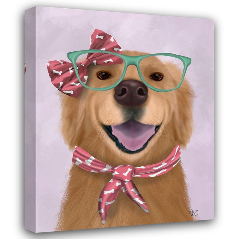Art sur toile tendue Red Barrel Studio® Fab Funky Gallery, titré: Golden Retriever, lunettes et foulard, H 18 po x l 15 po