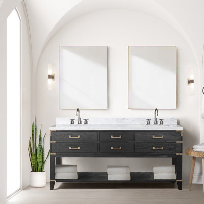 72 po De meuble-lavabo double en chêne noir, comptoir en marbre, 34 miroirs, fermeture en douceur, meuble-lavabo de rangement x 22 po, plateau, miroirs et quatre tiroirs pour un usage domestique