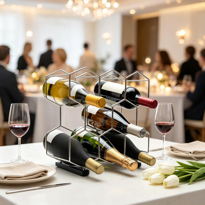 Countertop Wine Rack, Eight Bottle Stainless Steel and Charcoal Oak Three Tier Tabletop Wine Holder Stand for Cabinet and Pantry, Freestanding and No Assembly Required