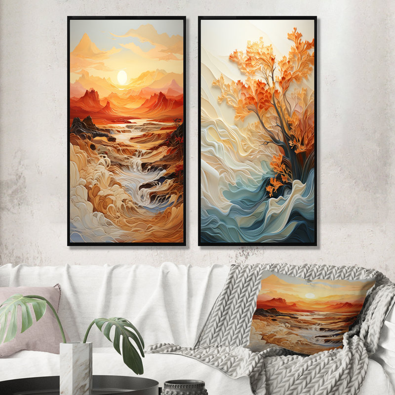 «Orange Bold Waterfall Sunrise I», ensemble de 2 reproductions d'art abstrait, Cadre noir, H 28 po x l 25 po