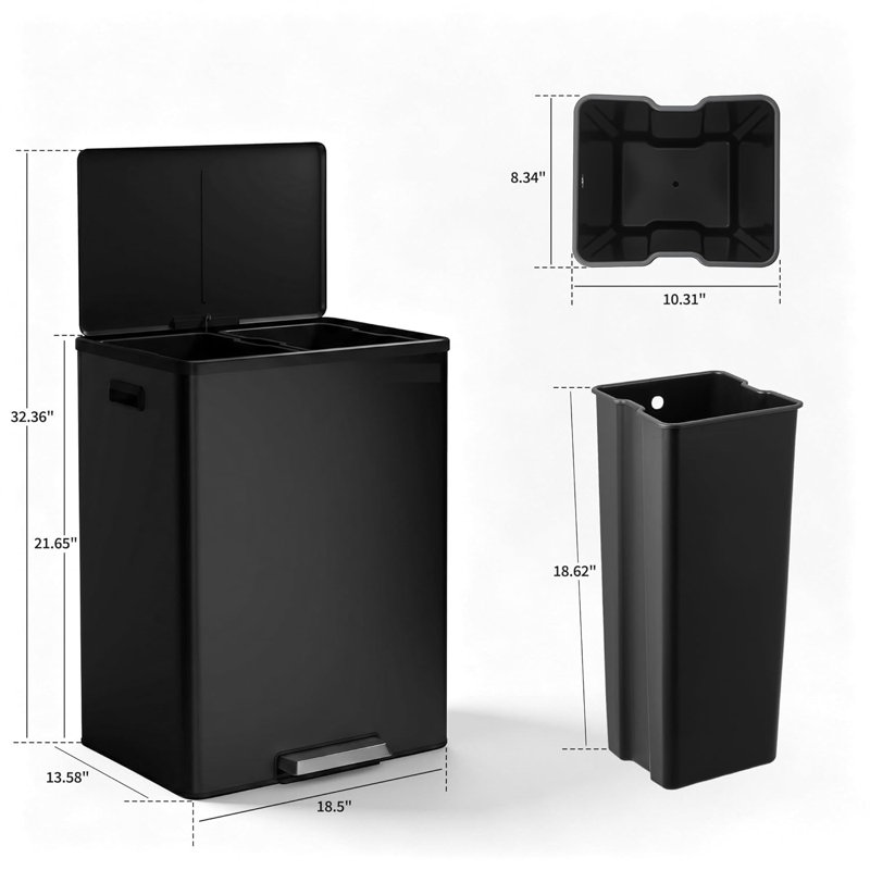 Dual Compartment Kitchen Trash Can 10.5 Gallon (20L+20L) – Stainless Steel – Recycling Bin with Soft Close Pedal, 2 Removable Buckets, Fingerprint Resistant, Odour Proof – White