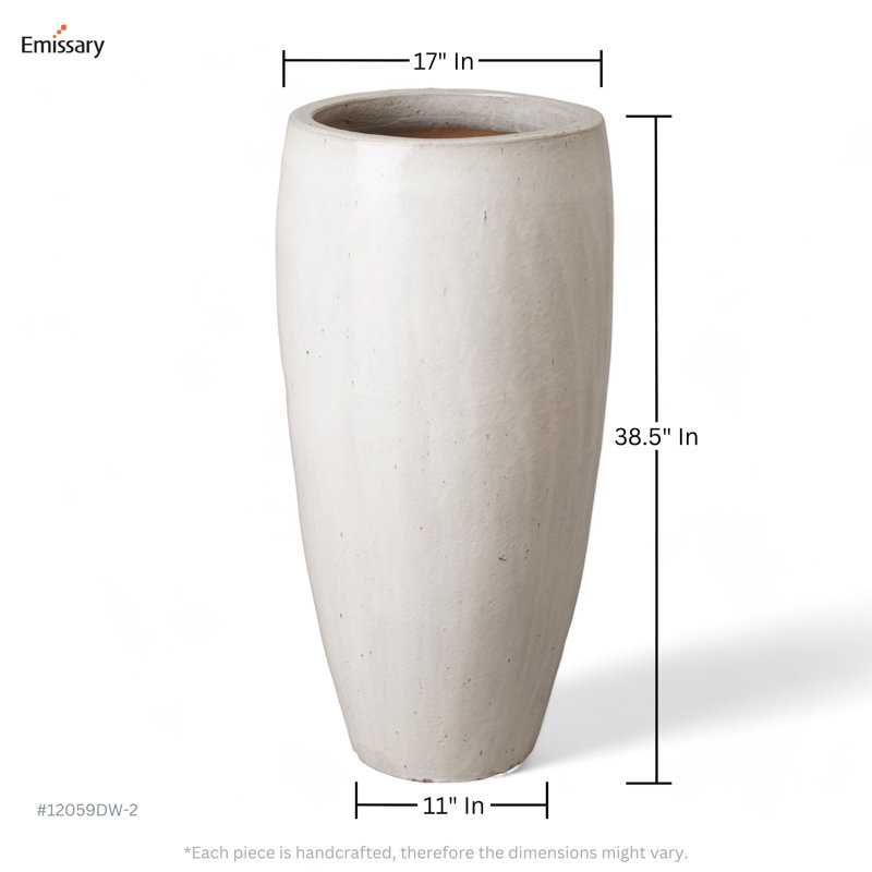 Vase de table intérieur / extérieur en céramique, Blanc vieilli, H 38,5 po x l 19 po x P 19 po