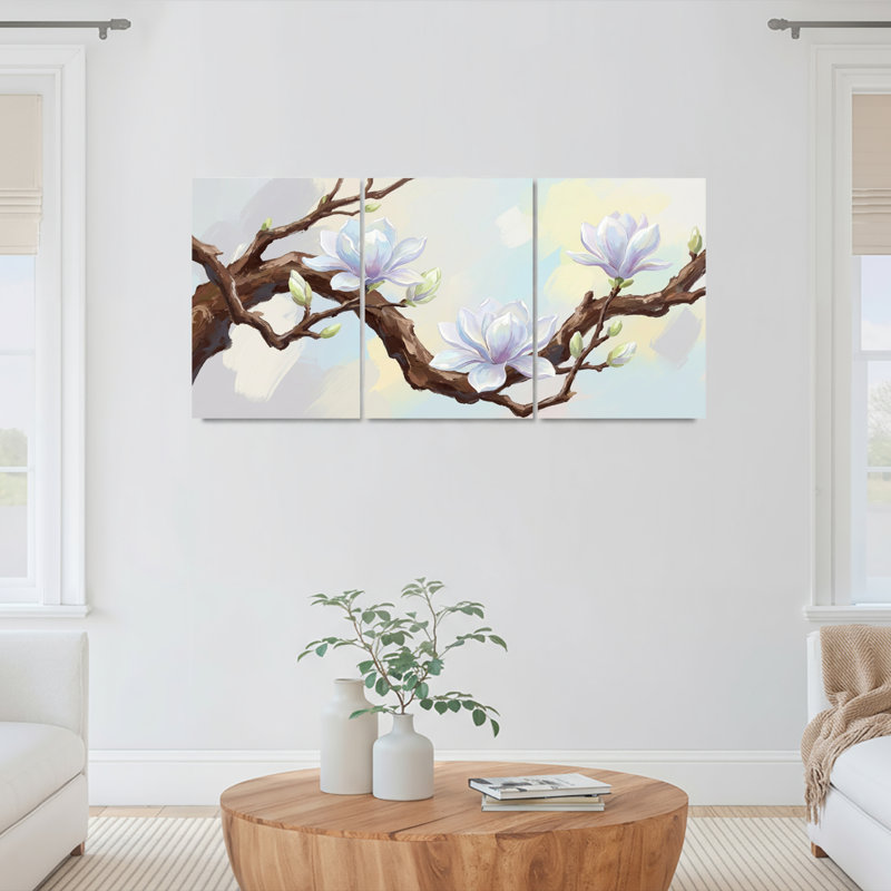 Ensemble de 3 tableaux sur toile représentant des branches de magnolia en fleurs, pour la décoration du salon et de la chambre.