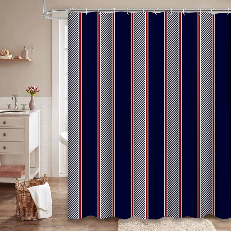 Rideau de douche rayé bleu rouge blanc marine avec 12 crochets, L 72 po x l 84 po