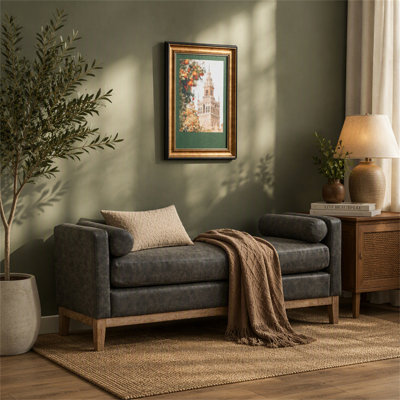 Banc de lit rembourré de 168,6 cm de large avec structure en bois à l'aspect vieilli, pouf repose-pieds avec accoudoirs et pieds en bois, et 2 coussins pour chambre, fenêtre, salon, entrée, couloir.