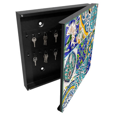 Key box for wall, Opens to the right, 30x30x5, White, Colorful mosaics full of symmetry and detail, 