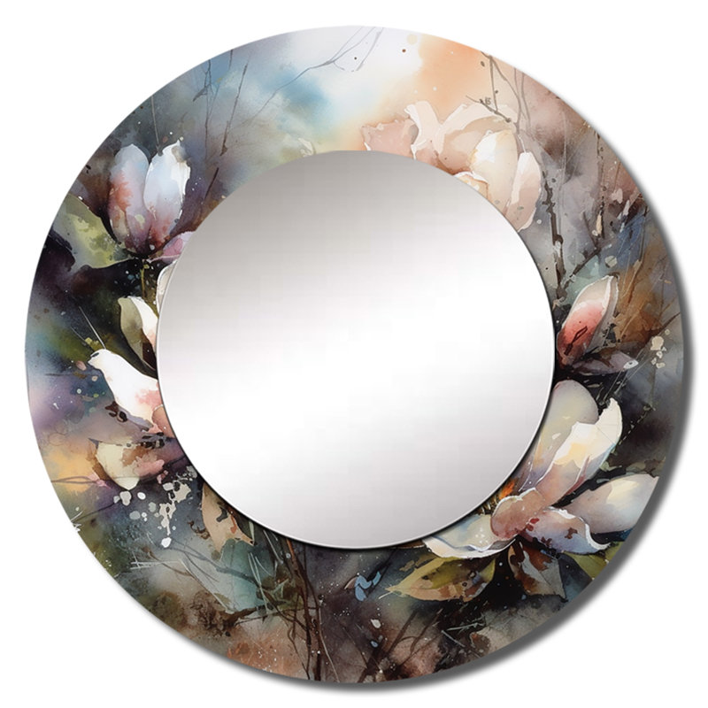 Ozelle Pink Magnolia Symphony II - Magnolias Unique Wall Mirror Decor, Traditional Large Round Mirror, Printed Metal Art
