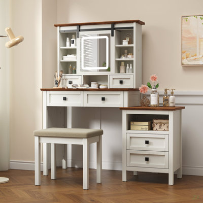 Bureau de coiffeuse 46,5 po avec miroir réglable à DEL et station de charge pour chambre à coucher