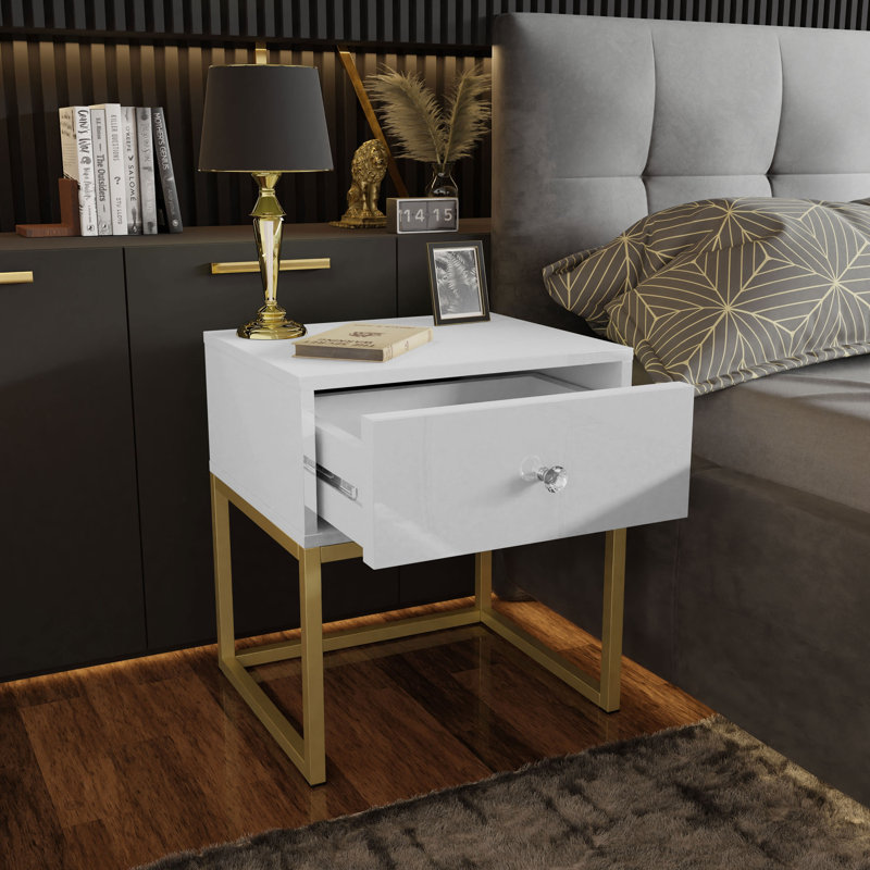Varonique 1 Drawer Bedside Table, Gold, White