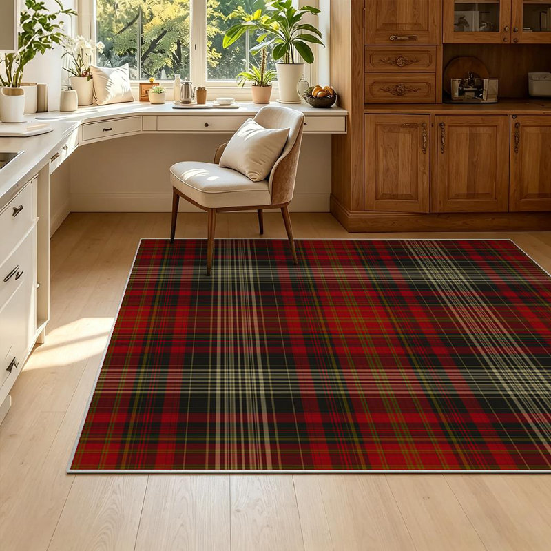 Cream Plaid Christmas Tartan Autumn Brown Fall Holiday Beige Black Brass Machine Washable Indoor Area Rug