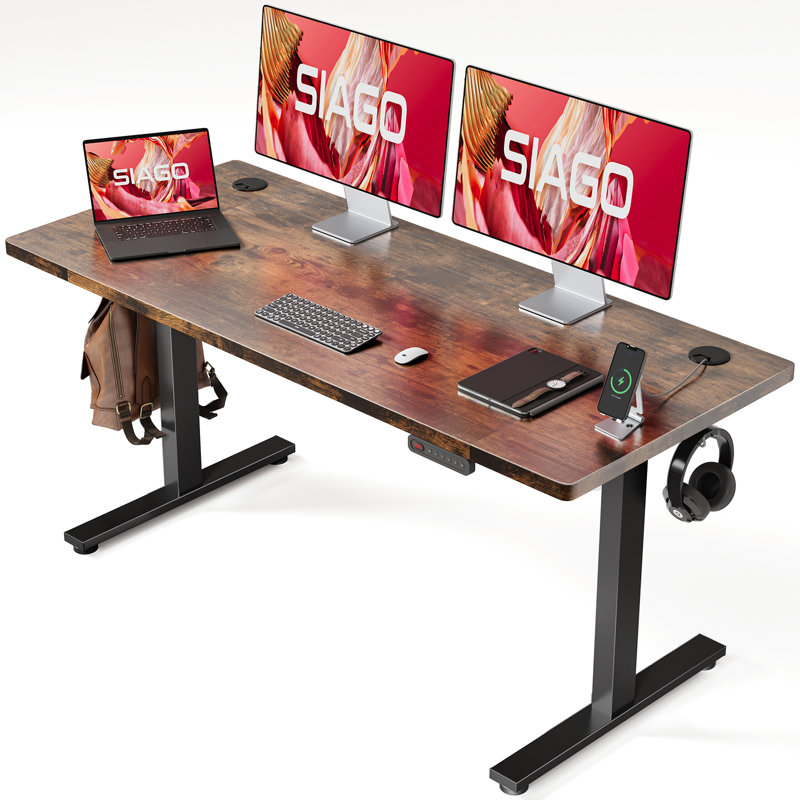 Bureau debout - Bureau électrique à hauteur réglable avec contrôleur de mémoire, H 46 po x l 55 po x P 24 po, Brun/rouge