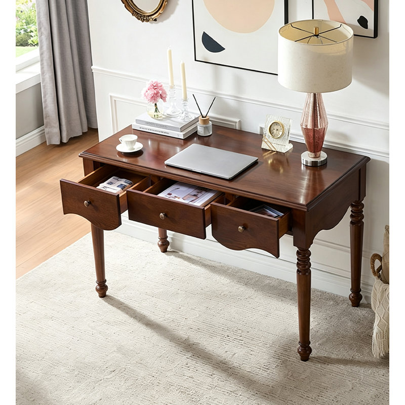 Bureau d'écriture rétro en bois avec trois tiroirs, H 30,71 po x l 55,12 po x P 23,62 po, Brun