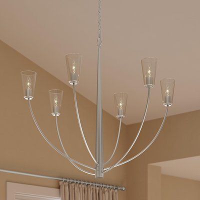 Jheni Six-Light Brushed Nickel Large Chandelier with Clear Glass Shades