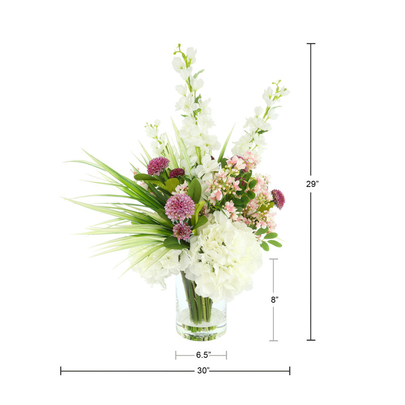 Bouquet mixte avec dahlias, delphiniums et hortensias