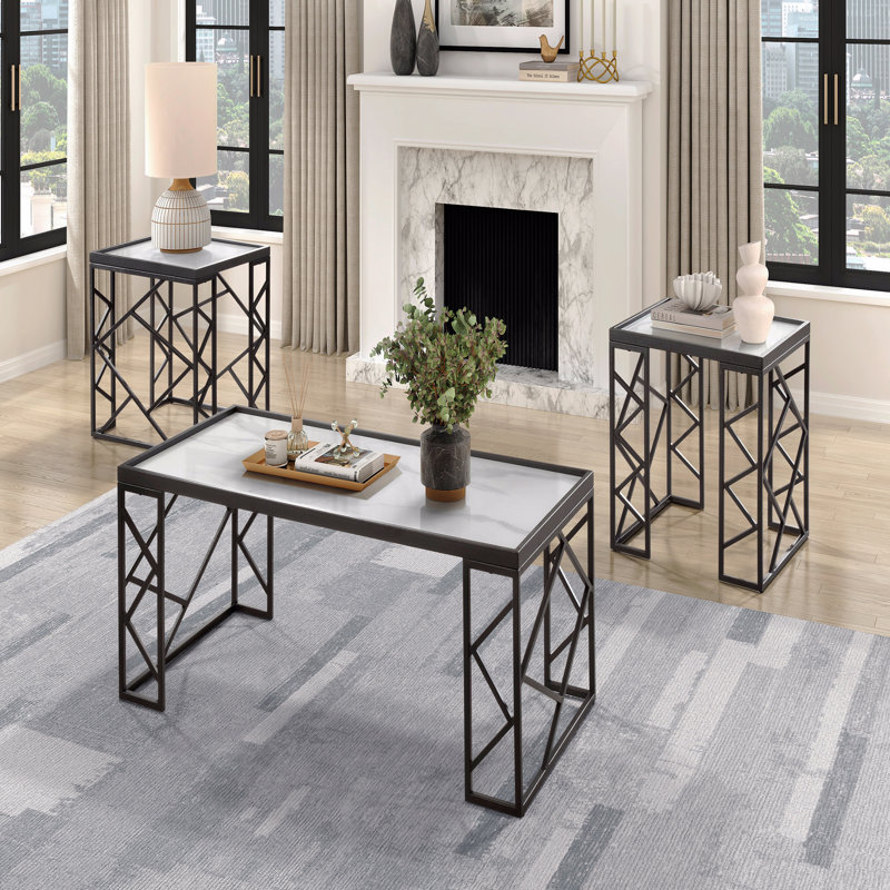 Occasional 3Pc Tables Set Table basse en verre trempé et tables de bout