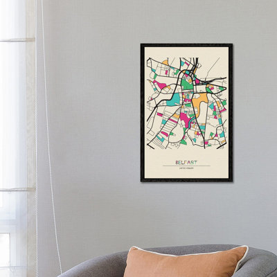 Belfast, United Kingdom Map by Ayse Deniz Akerman - Floater Frame Print on Canvas