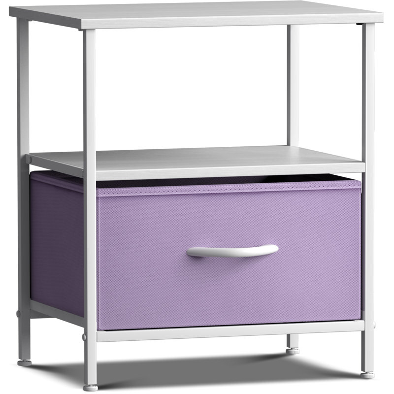 Sorbus 1 Drawer and Shelves Nightstand with Steel Frame, Wood Top & Fabric Bins - Purple, Purple