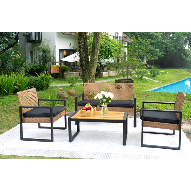 4-Piece Patio Furniture Set Outdoor Balcony Porch Garden Backyard Lawn Furniture Acacia Wood Table Top, Morden Black And Light Brown
