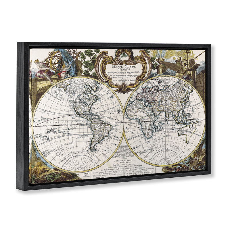  Toile flottante encadrée carte du monde classique par Chris Donovan, Cadre flottant noir de jais, H 21 po x l 31 po